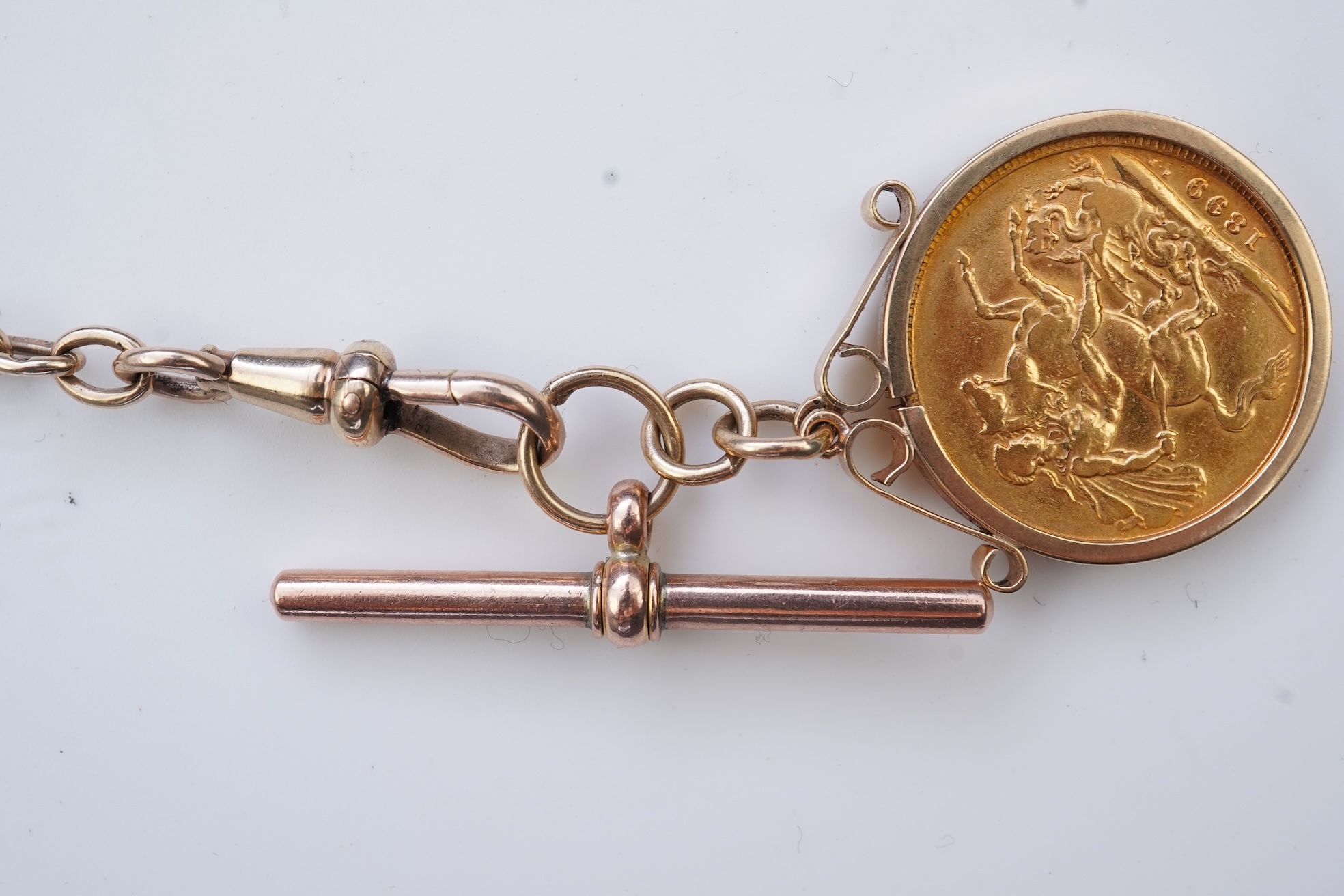 A gold Albert chain, sovereign coin pendant and fob seal, early 20th century